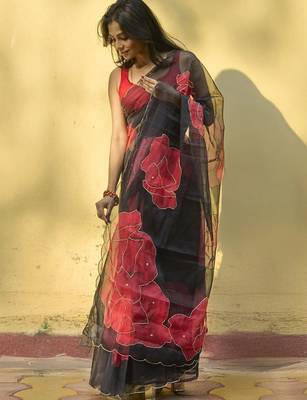 black floral embroidered organza saree 2