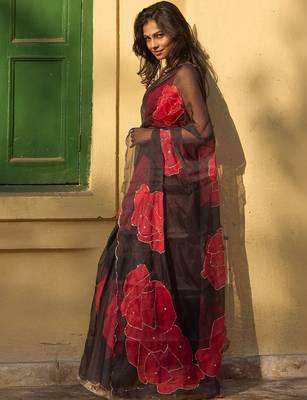 black floral embroidered organza saree 4