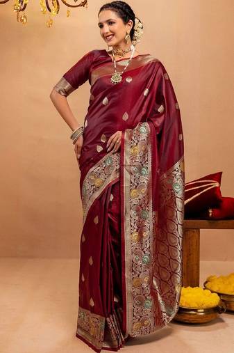 maroon ethnic motifs zari art silk heavy work saree