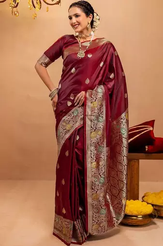 maroon ethnic motifs zari art silk heavy work saree