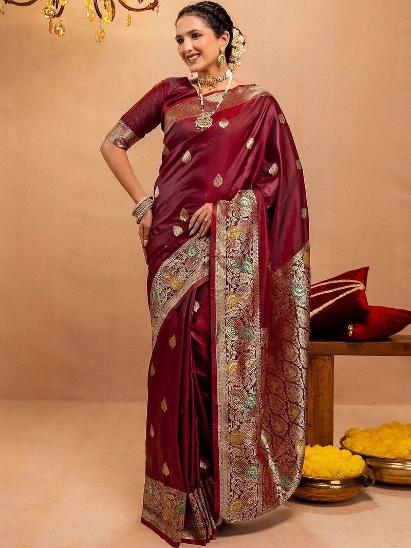 maroon ethnic motifs zari art silk heavy work saree