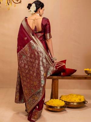maroon ethnic motifs zari art silk heavy work saree 2