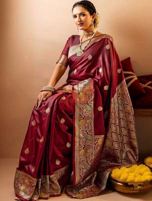 maroon ethnic motifs zari art silk heavy work saree 3