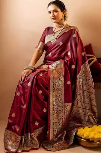 maroon ethnic motifs zari art silk heavy work saree
