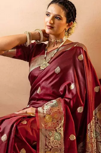 maroon ethnic motifs zari art silk heavy work saree