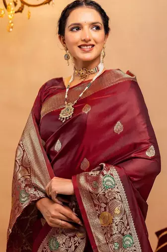 maroon ethnic motifs zari art silk heavy work saree