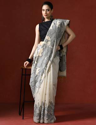 off_white floral printed Cotton saree with blouse  1