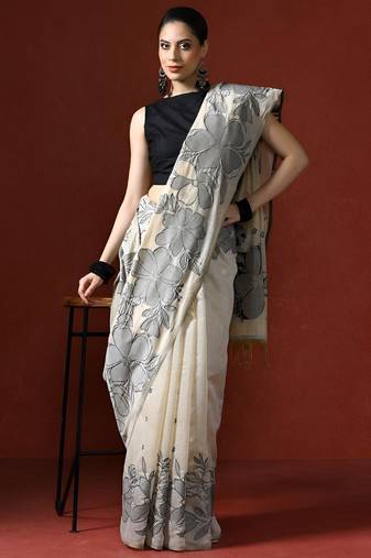 off_white floral printed Cotton saree with blouse 