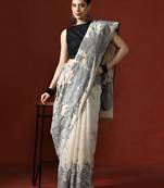 off_white floral printed Cotton saree with blouse 