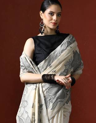 off_white floral printed Cotton saree with blouse  2