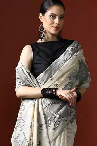 off_white floral printed Cotton saree with blouse 