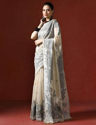 off_white floral printed Cotton saree with blouse  3