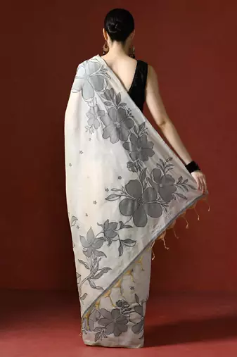 off_white floral printed Cotton saree with blouse 