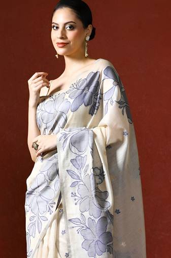 cream floral printed woven design saree