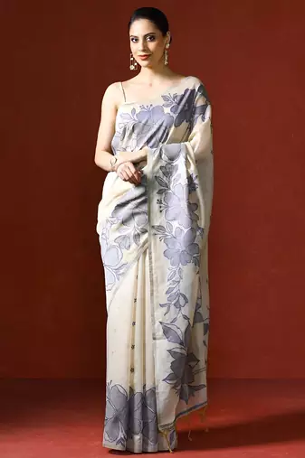 cream floral printed woven design saree