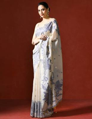 cream floral printed woven design saree 3
