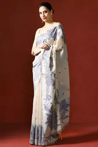 cream floral printed woven design saree