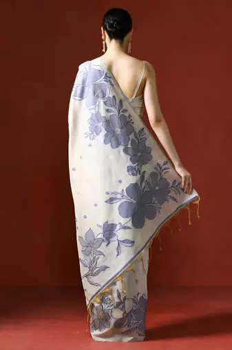 cream floral printed woven design saree