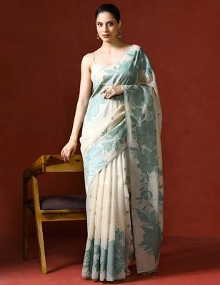 off_white floral printed cotton saree with Blouse 1