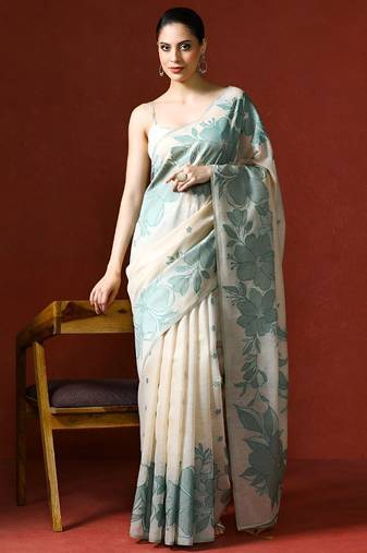 off_white floral printed cotton saree with Blouse