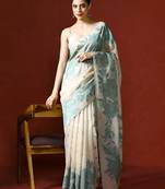 off_white floral printed cotton saree with Blouse