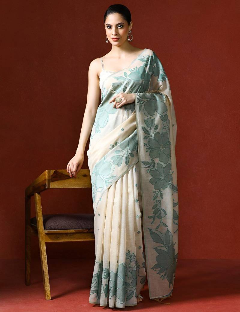 off_white floral printed cotton saree with Blouse