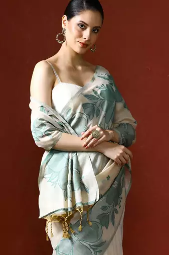 off_white floral printed cotton saree with Blouse