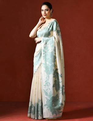 off_white floral printed cotton saree with Blouse 3