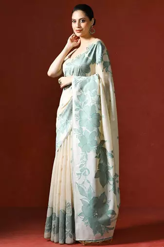off_white floral printed cotton saree with Blouse