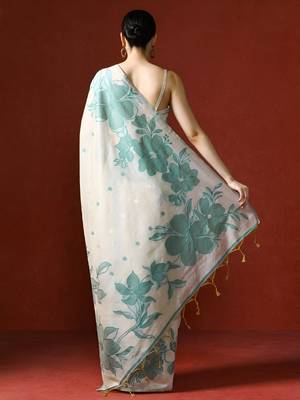 off_white floral printed cotton saree with Blouse 5