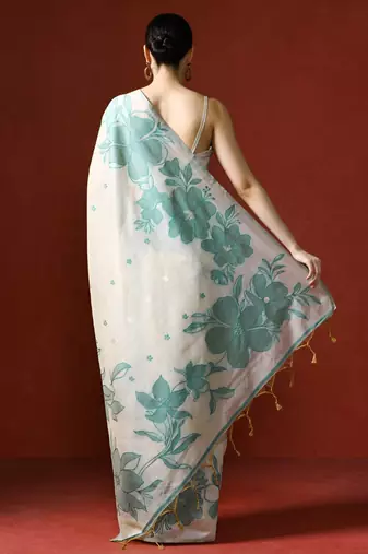 off_white floral printed cotton saree with Blouse