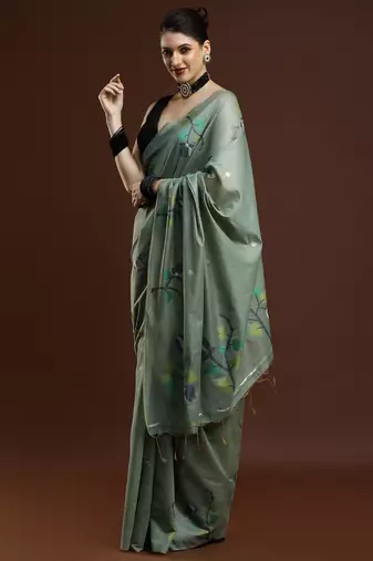 green woven design zari muga saree