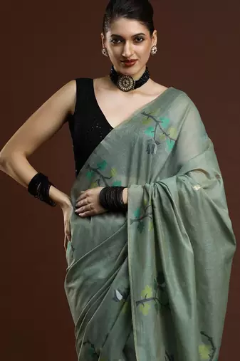 green woven design zari muga saree