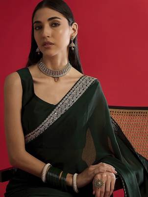 green sequinned satin saree 5