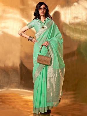 sea_green woven design zari poly linen banarasi saree 1