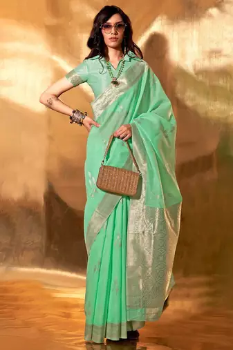 sea_green woven design zari poly linen banarasi saree