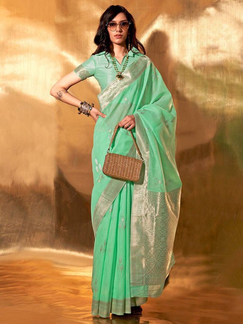 sea_green woven design zari poly linen banarasi saree