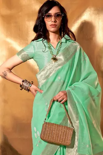 sea_green woven design zari poly linen banarasi saree