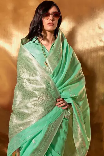 sea_green woven design zari poly linen banarasi saree