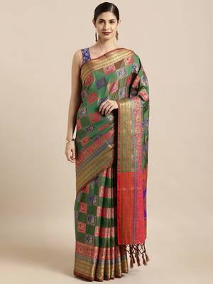 green green & pink silk blend woven design patola saree 1