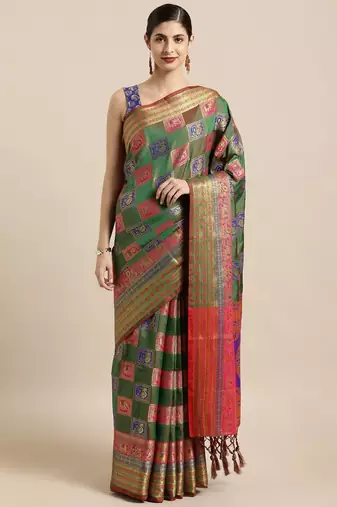 green green & pink silk blend woven design patola saree