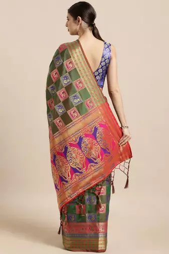 green green & pink silk blend woven design patola saree