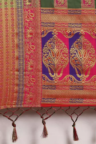 green green & pink silk blend woven design patola saree