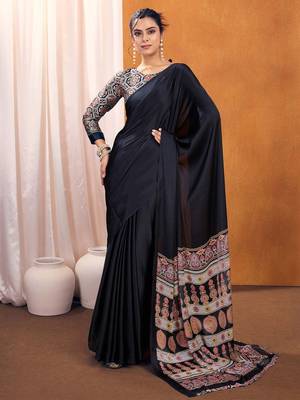 black modal ajrak block satin sareewith blouse piece 1