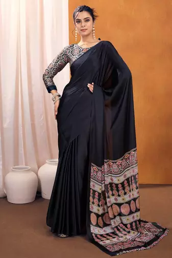 black modal ajrak block satin sareewith blouse piece