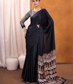 black modal ajrak block satin sareewith blouse piece
