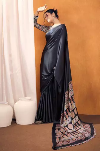 black modal ajrak block satin sareewith blouse piece