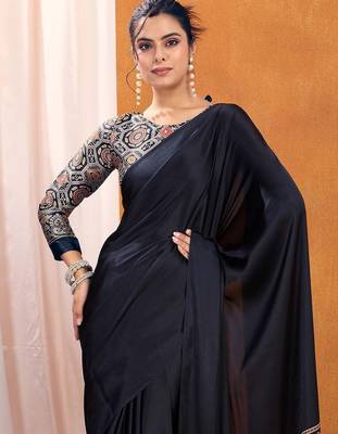 black modal ajrak block satin sareewith blouse piece 3