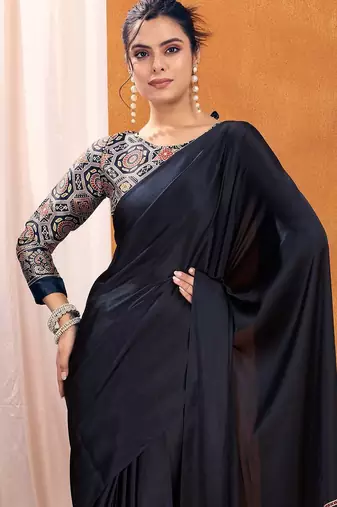 black modal ajrak block satin sareewith blouse piece