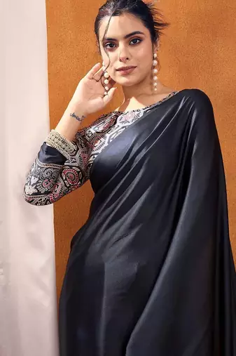 black modal ajrak block satin sareewith blouse piece
